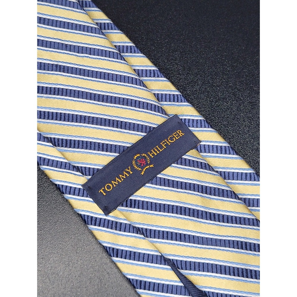 Tommy Hilfiger Silk Tie Yellow Navy Blue Stripe Imported Fabric 3.75